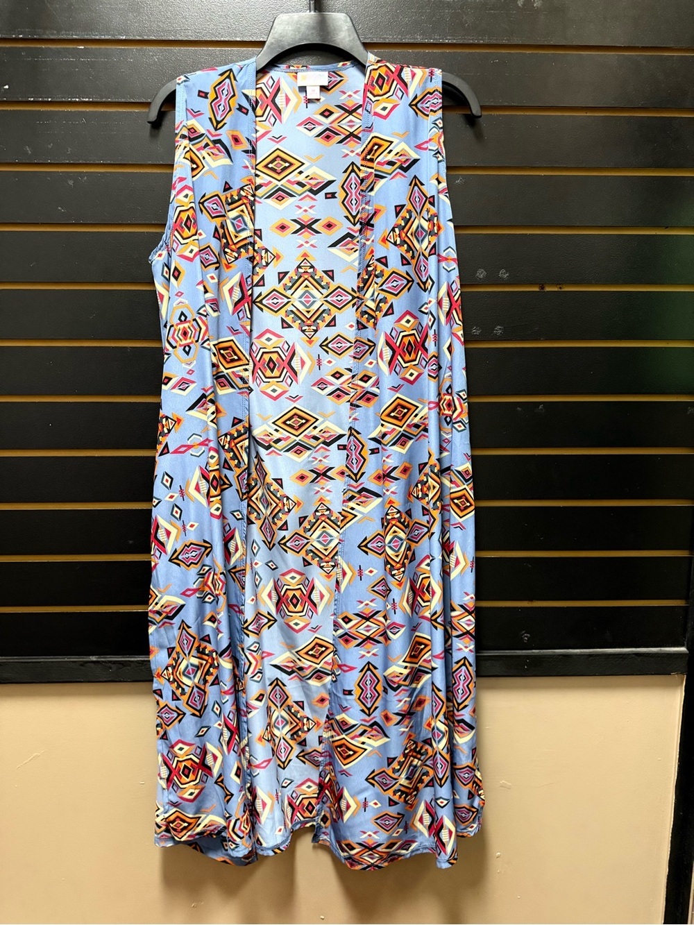 LuLaRoe Joy Vest Medium Blue Aztec Geometric Long Sleeveless Duster